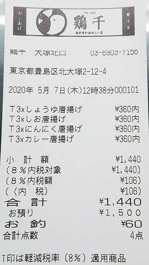 鶏千 大塚北口店 2020/5/7 のレシート