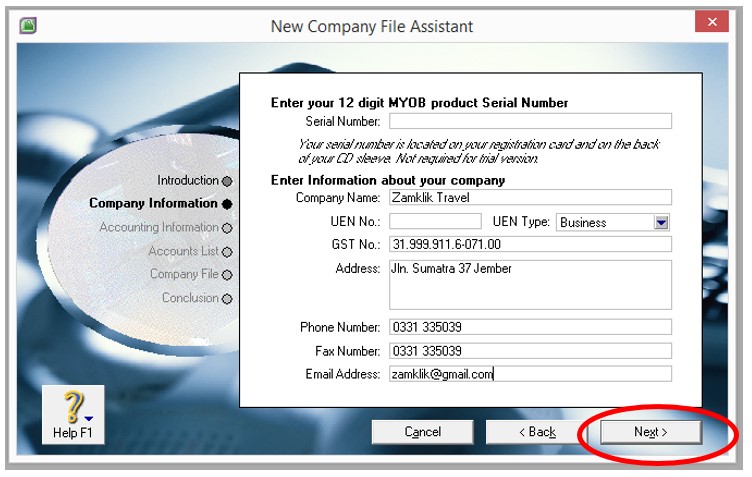 Pengisian Data Awal Perusahaan Jasa