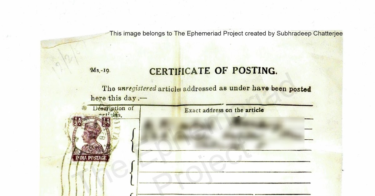 Ephemeriad Certificate of Posting Indian Postage System 1951
