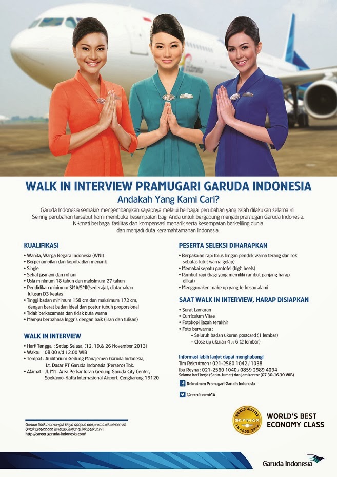 Lowongan kerja Pramugari Garuda Indonesia November 2013 