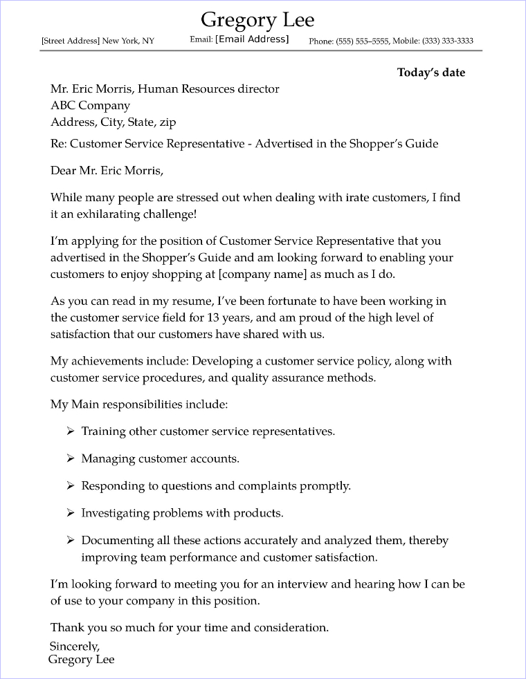 Sample Cover Letter Customer Service Manager Resume Letter