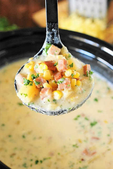 Ladle of Slow Cooker Ham & Corn Chowder Image