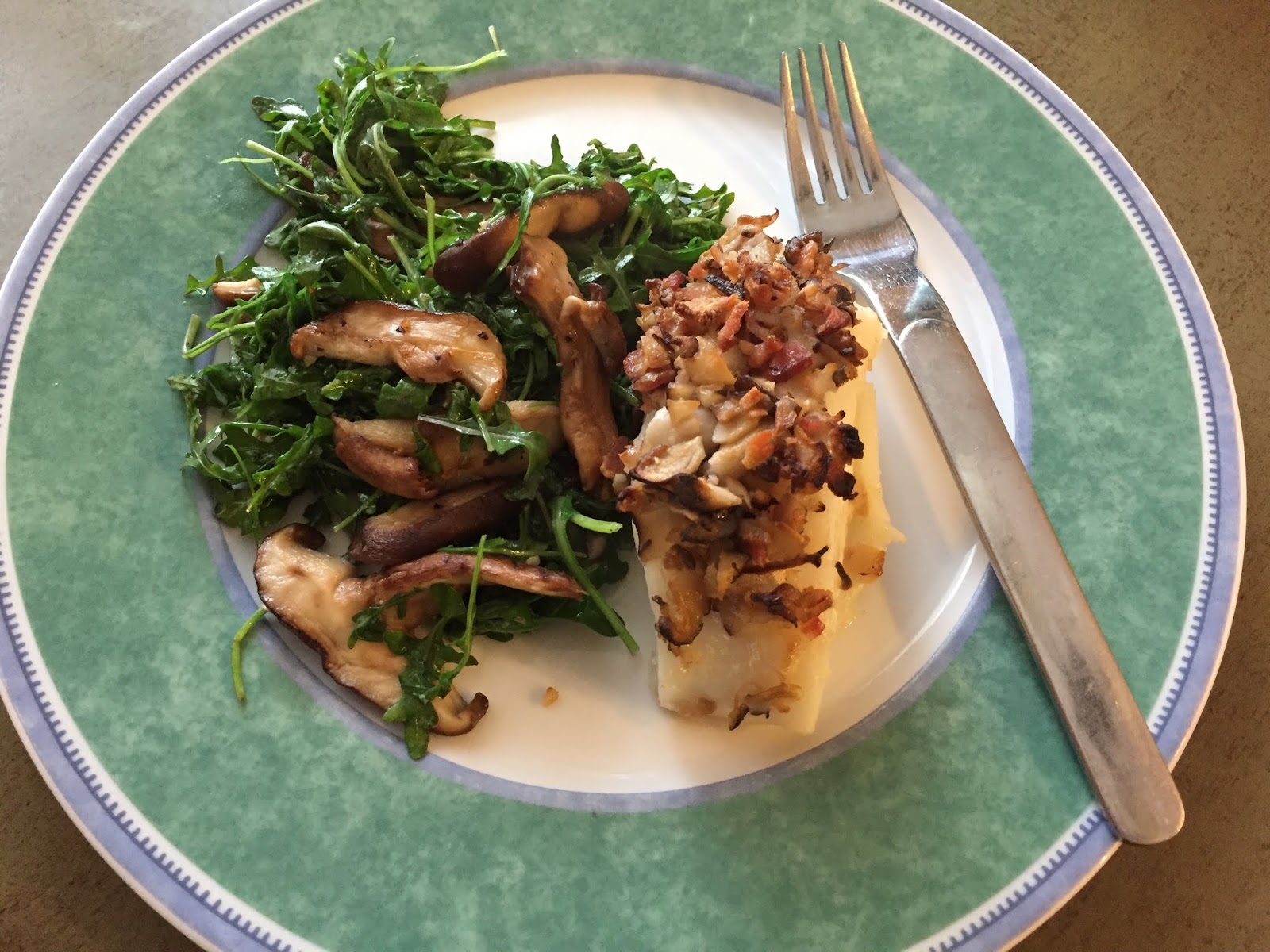 Al's Recipe Reviews: Cod with Shiitake-Bacon Crust and Arugula Salad