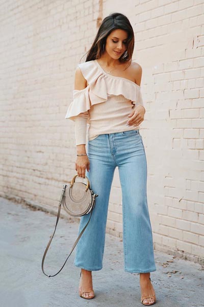 30+ Sexy Fall Outfits Guaranteed To Get You Noticed | Ruffle Cut Out Sweater + Highrise Wide Leg Jeans + Chloe Bag