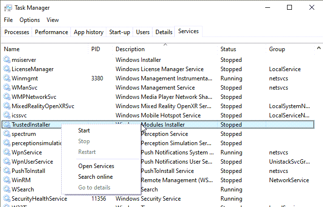 Iniciar el servicio modular de Windows