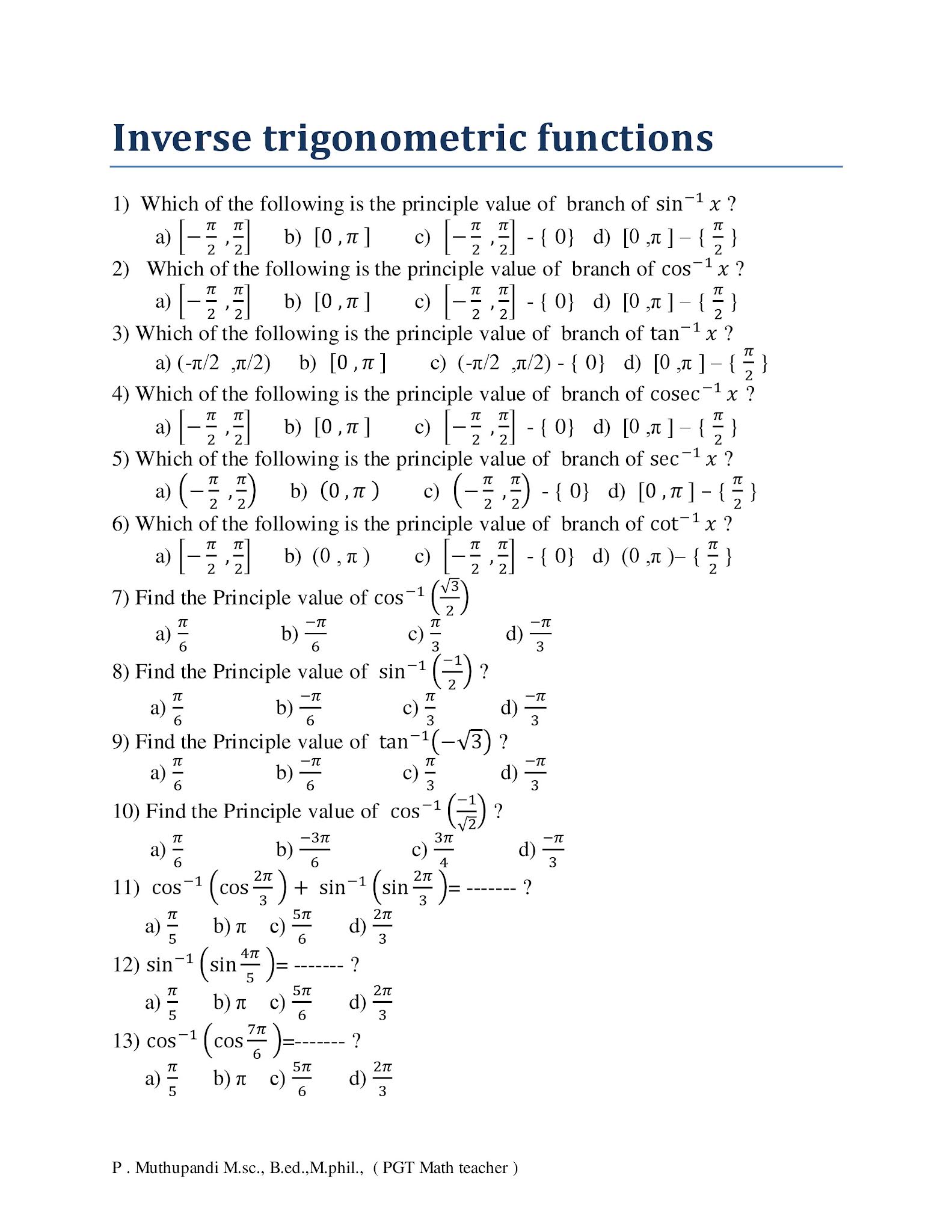 Inverse Trigonometric Functions - MCQ ( class 12 Maths )