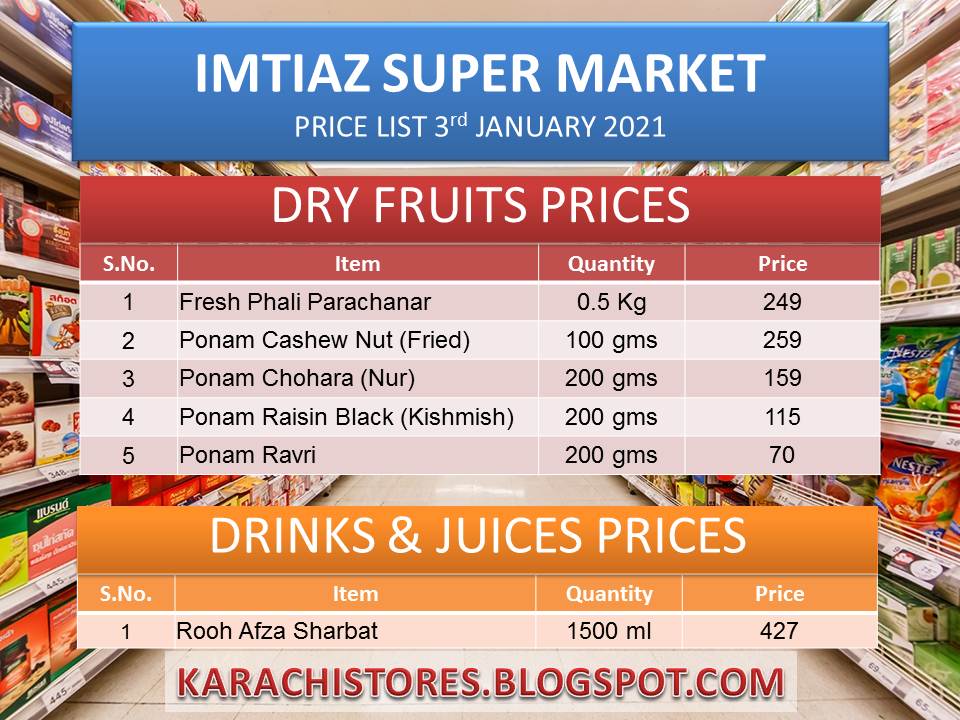 Imtiaz Super Market Jan 2021 Price List Dry Fruits & Drinks