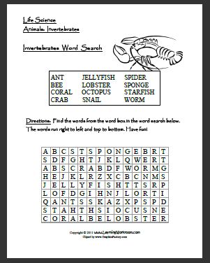 Learning Ideas - Grades K-8: Invertebrates Word Search Puzzle