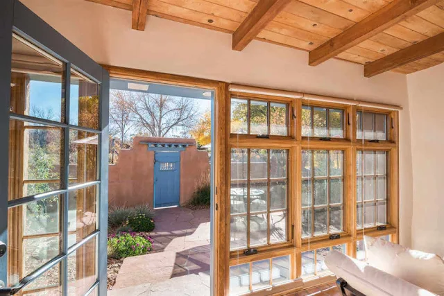 patio with blue gate