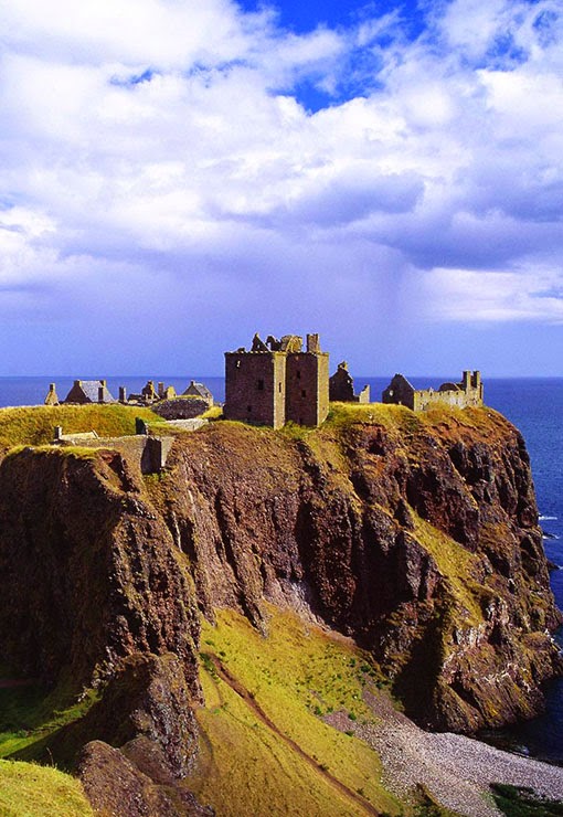  Dunnottar Castle  is a ruined medieval fortress located upon a rocky headland on the north-east coast of Scotland, about 3 kilometres  south of Stonehaven. The surviving buildings are largely