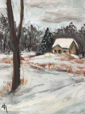 pastel painting, small quick study, learning how to paint pastels, house in the woods