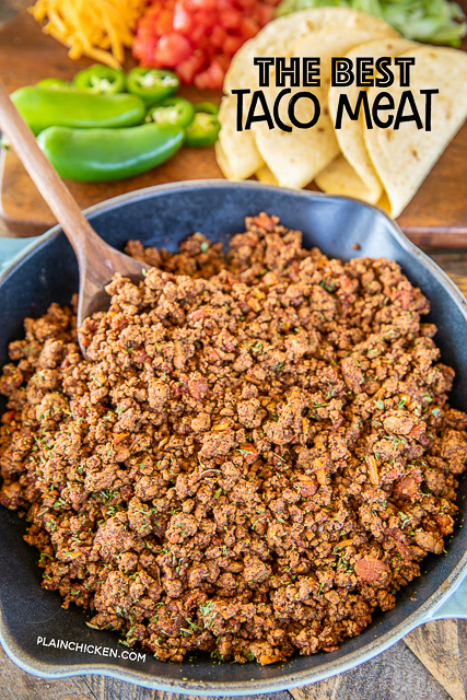 The BEST Taco Meat - our go-to recipe for taco night. Tastes as good as our favorite Mexican restaurant! Super easy to make and ready to eat in about 15 minutes. Ground beef, onion, garlic, chili powder, salt, cumin, diced tomatoes and green chiles, red pepper flakes, and water. You will never use a packet of taco seasoning again! Can freeze leftovers for a quick meal later. A must for taco night! #taco #groundbeef #mexican #tacomeat taco meat in a skillet