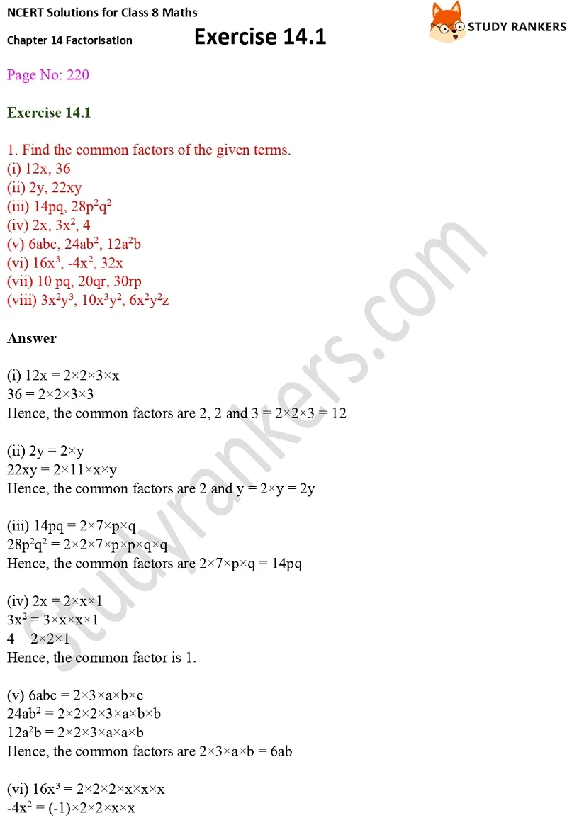 NCERT Solutions for Class 8 Maths Ch 14 Factorization Exercise 14.1 1