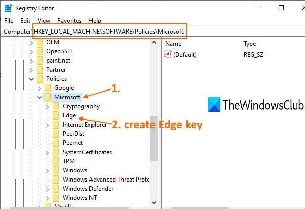 Microsoftキーにアクセスし、Edgeキーを作成します