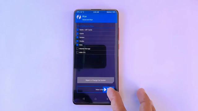 Swipe to wipe here Clear Old Data Partitions in TWRP in K20 pro