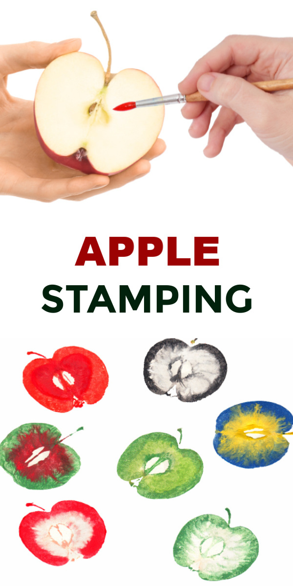 Turn apples into art and make apple stampers.  Fall preschool printing craft for kids. #applestamping #applestampingcraft #applestamps #applecrafts #applecraftsforkids #appleactivities #appleprints #appleprinting #fallcrafts #growingajeweledrose #activitiesforkids