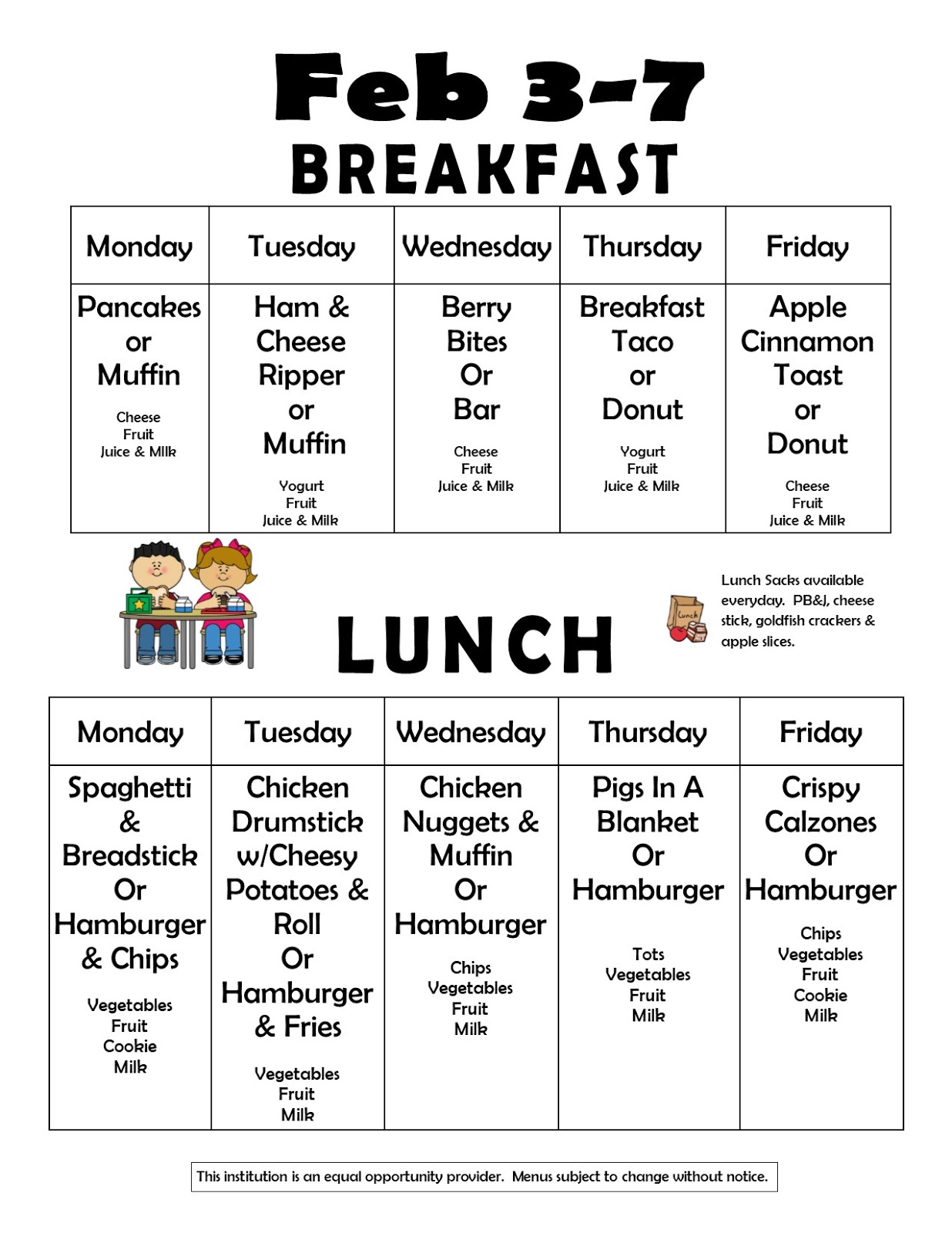 Fielding Elementary School....Home of the Panthers Monthly and Weekly Menu