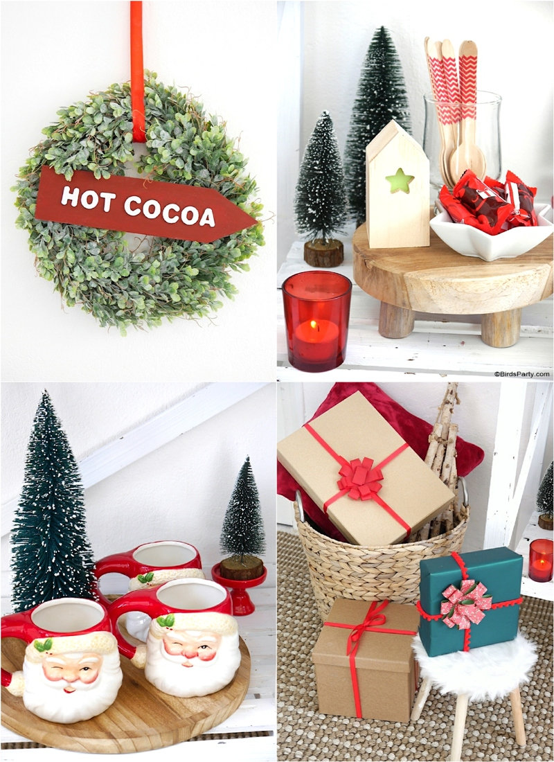 How to Set Up a Hot Chocolate Bar for The Holidays - festive Christmas decor, hot cocoa bar toppings and ideas for styling a hot drinks station at home! by BirdsParty @birdsparty.com #hotcocoa #hotcocoabar #hotchocolate #hotchocolatebar #hotcocoastation #hotchocolatestation #christmas #christmashotcocoabar #christmashotchocolate #christmashotcocoa #holidayhotcocoabar #christmasdecor #farmhousedecor #farmhousechristmas #cocoabar #coffeestation #coffeebar