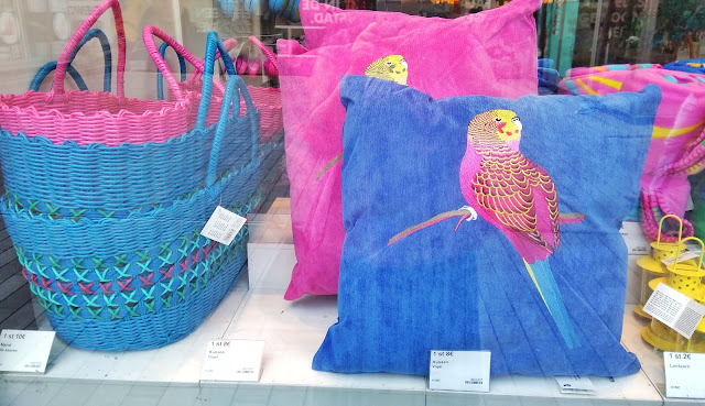 Flying Tiger Rotterdam store blue pink baskets parrot pillow fuchsia