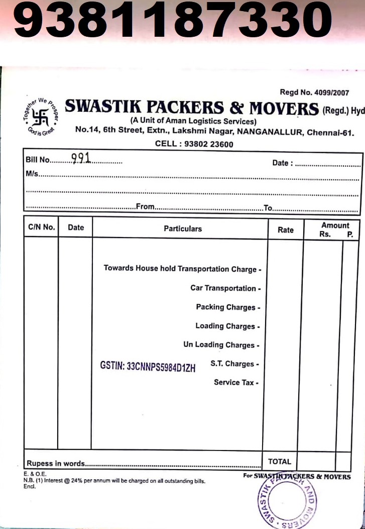 100 9380223600 Original Gst Packers Movers Bill For Claim Chennai Hyderabad Bangalore Pune 