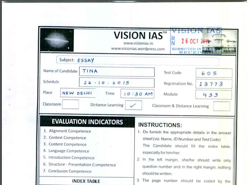 Tina Dabi IAS Rank 1 , Vision IAS Test Series 2015 Test Series Paper