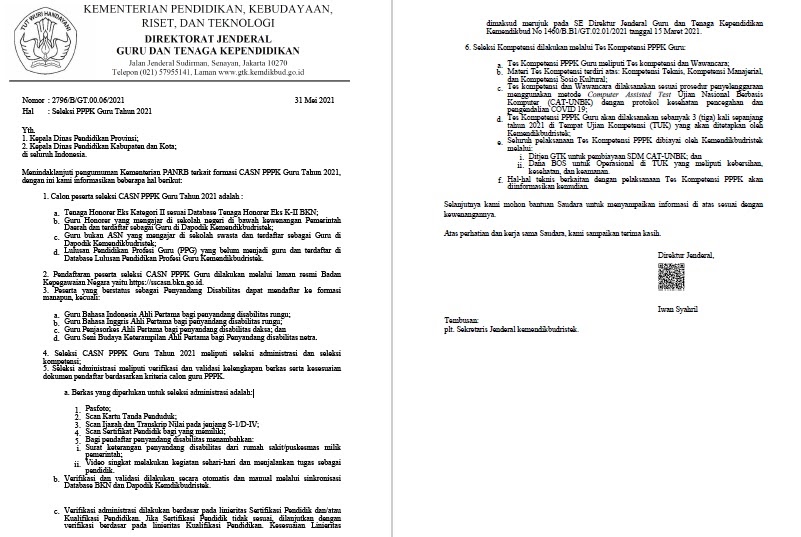Surat Edaran Ditjen Gtk Kemendikbudristek Nomor 2796 B Gt 00 06 2021 Tentang Seleksi Pppk Guru Tahun 2021 Dadang Jsn