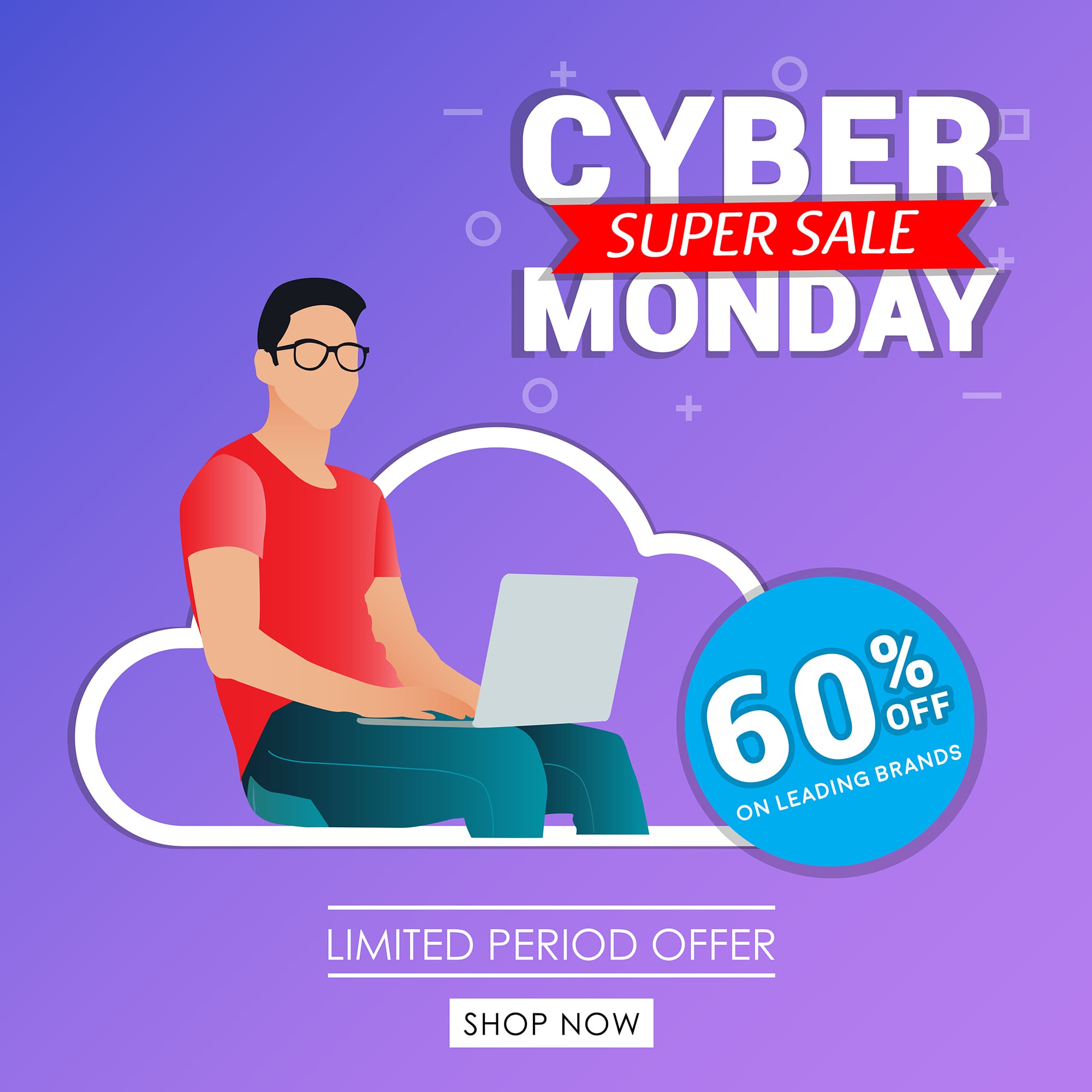 Cyber Monday shopping template with a person holding laptop vector illustration for free download