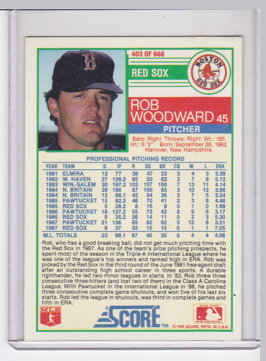 Red Sox Baseball Cards 1988 Score Red Sox Rob Woodward
