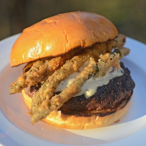 Blue Cheese Burger with Deep Fried Asparagus