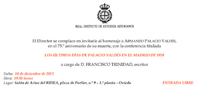 Invitación a la conferencia de Francisco Trinidad sobre Palacio Valdés