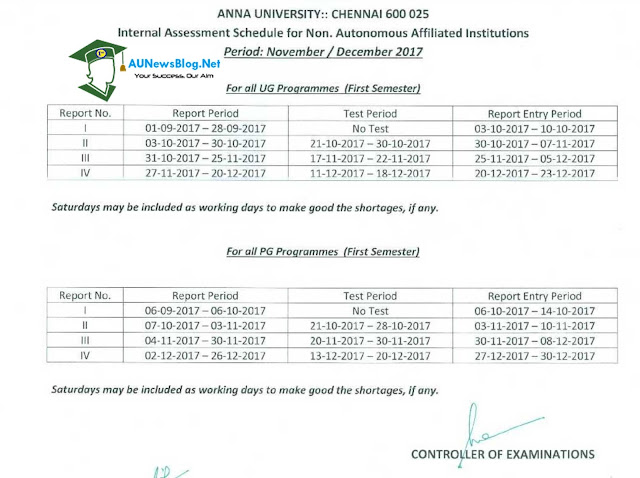 Anna University Internal Assessment Schedule Nov/Dec 2017 for UG & PG Anna University Internal Assessment Schedule Nov/Dec 2017 for UG & PG