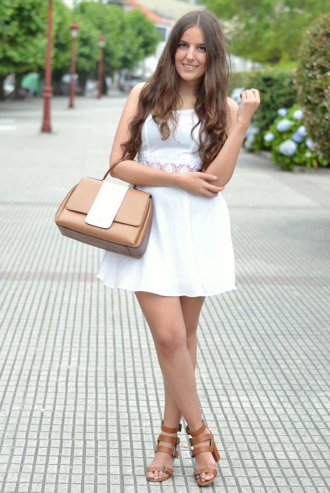 outfits white dress, camel sandals