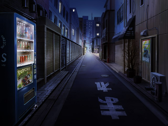Anime Landscape: Anime Vending Machine on Commercial Street Background