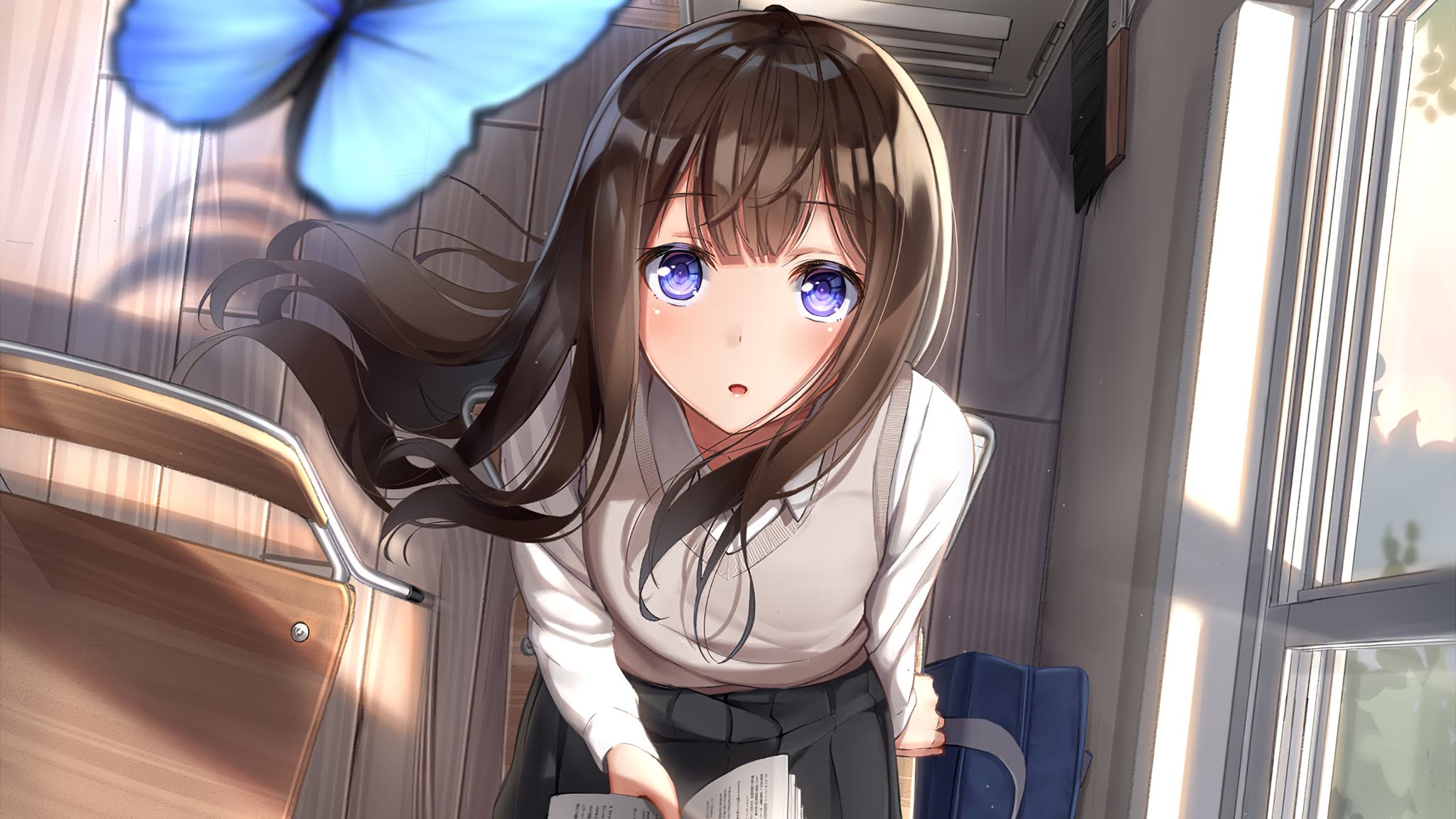 Wallpaper Anime Girl, School, Blue, Butterfly
