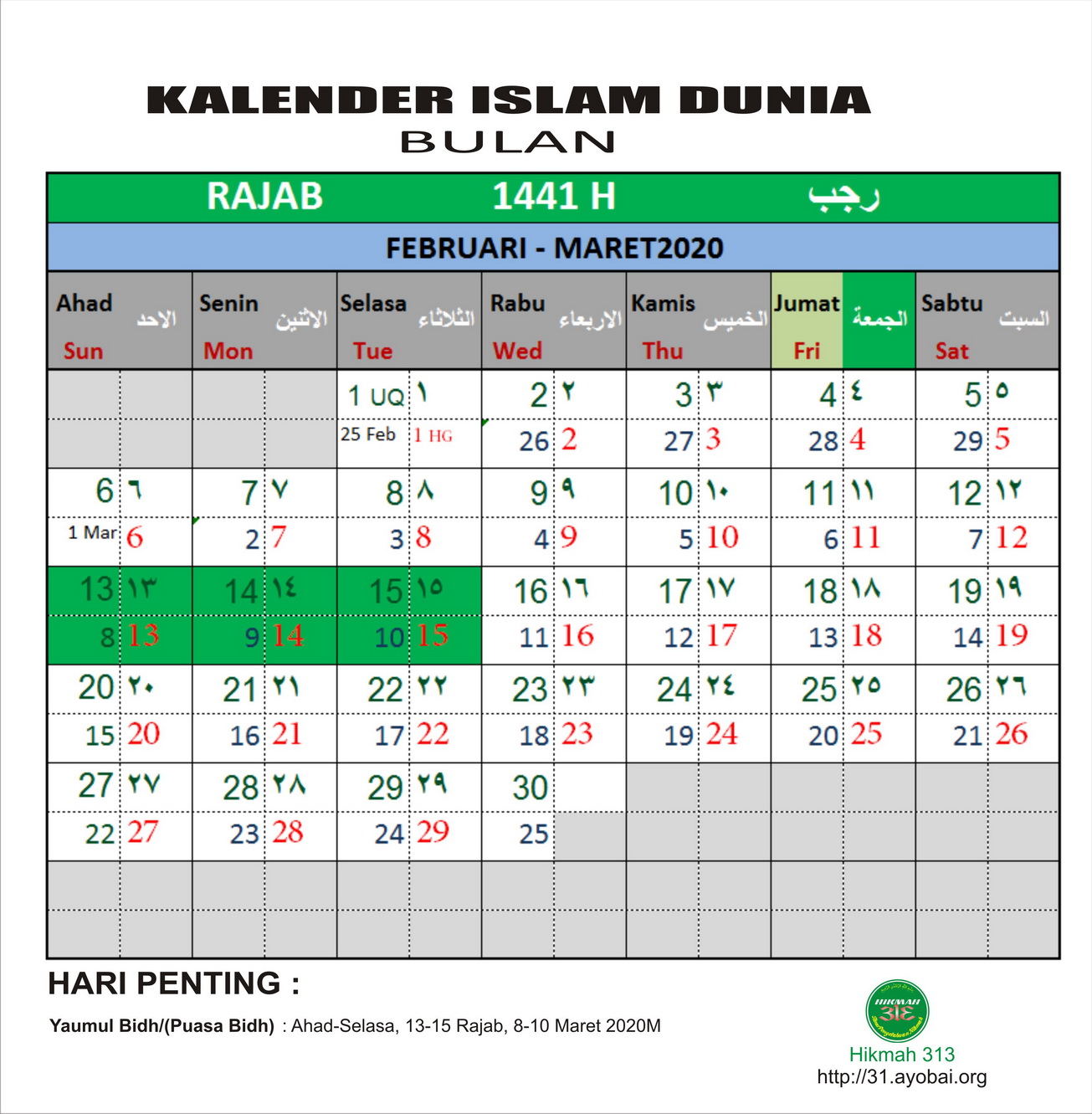 Kalender Islam Dunia Bersatu Bulan Rajab 1441 H Hikmah 313