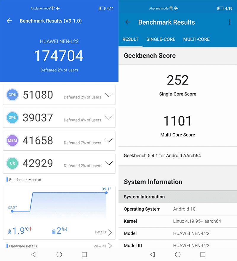 AnTuTu and GeekBench results