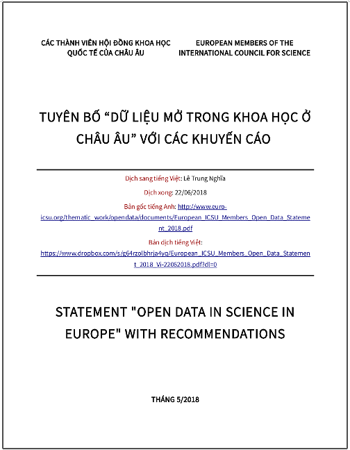 ‘Tuyên bố “Dữ liệu mở trong khoa học ở châu Âu” với các khuyến cáo’ - bản dịch sang tiếng Việt