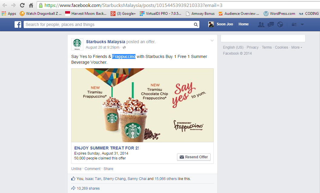 Starbucks Malaysia Offering Buy 1 Free 1 Tiramisu Frappuccino or Tiramisu Chocolate Chip Frappuccino from 20 August 2014 until 1st September 2014.