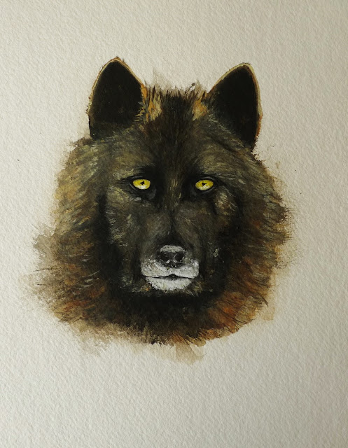 Peinture à la gouache du futur logo de l'association Nature Wardens - le loup noir