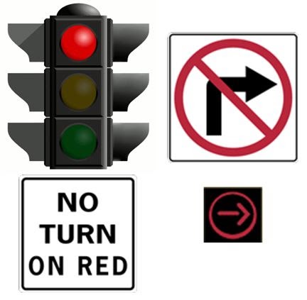Traffic load icon at the intersection. Turn right on the lights. No turn on red. Turn right on the lights. Turn right on red.