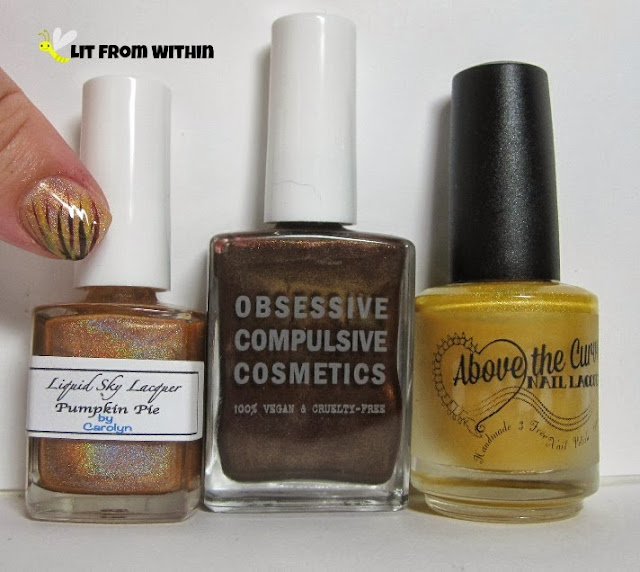 Bottle shot:  Liquid Sky Lacquer Pumpkin Pie, Obsessive Compulsive Cosmetics ISherwood, and Above the Curve Let's Tan-GO