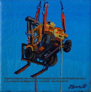 Plein air oil painting from the bridge of Spirit of Tasmania 1 in Garden Island Drydock showing a forklift being lowered into the dock painted by industrial heritage artist Jane Bennett