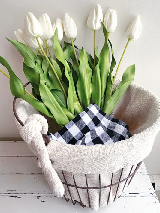 basket with long stemmed tulips
