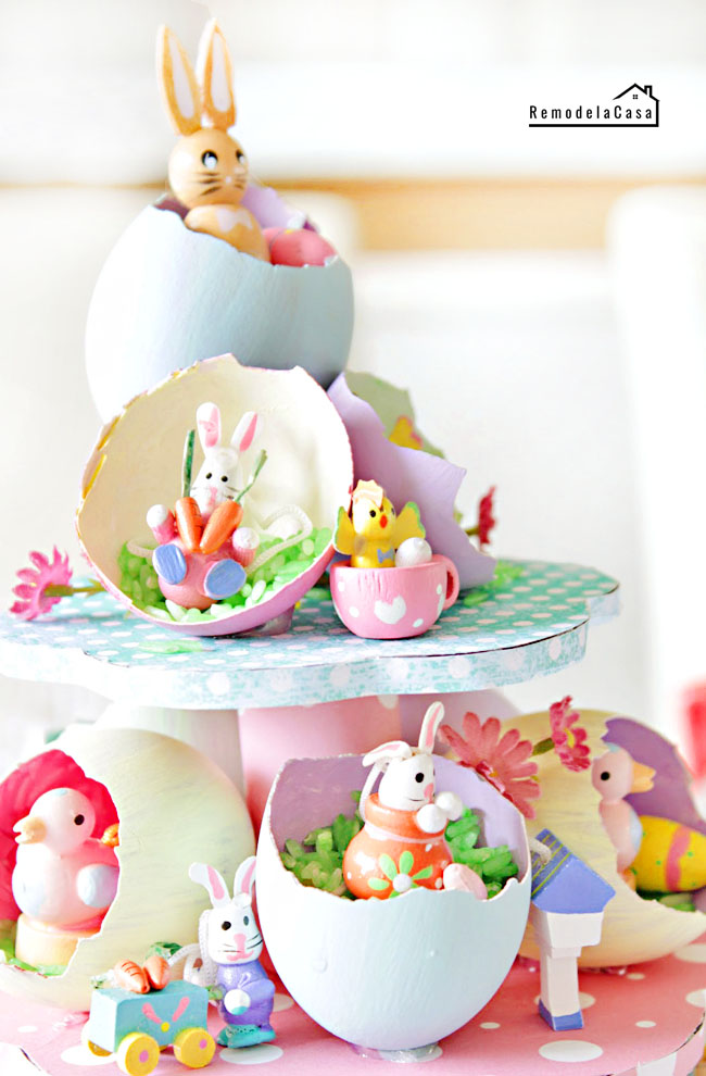 rabbits, birds, duck, chicks, carrots on Easter egg tree centerpiece