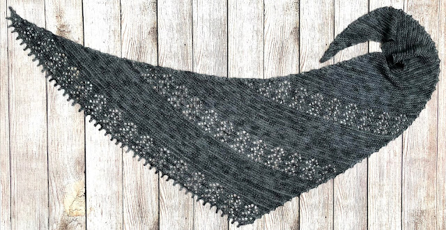 Grey lacy shawl knitted with Yarn Bee Authentic Hand-Dyed Tonal in Iron Soot