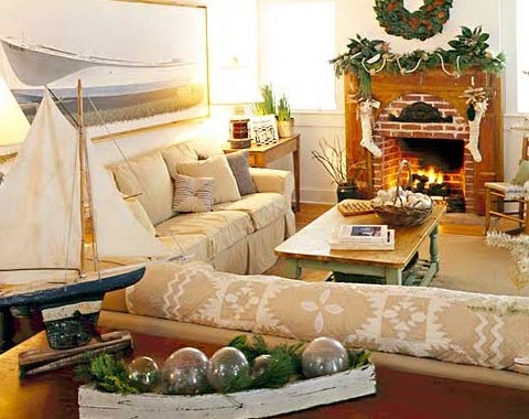 nautical Christmas living room with greenery