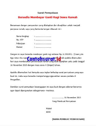 Surat Pernyataan Bersedia Membayar Ganti Rugi Sewa Rumah