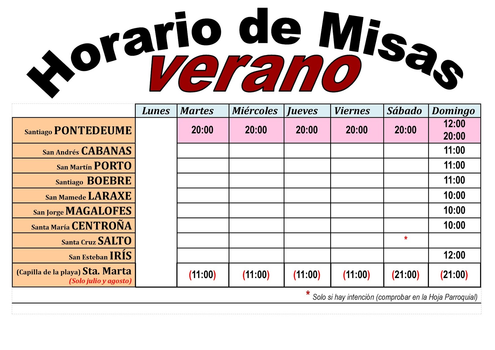 Unidad Pastoral de Pontedeume Horarios de verano Unidad Pastoral de Pontedeume Horarios de verano