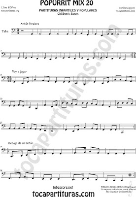 Partitura de Tuba Elicón (o Bajo Metal) Popurrí Mix 20 Partituras de Antón Pirulero, Voy a Jugar, Debajo de un Botón Infantil Sheet Music for Tuba Music Scores 