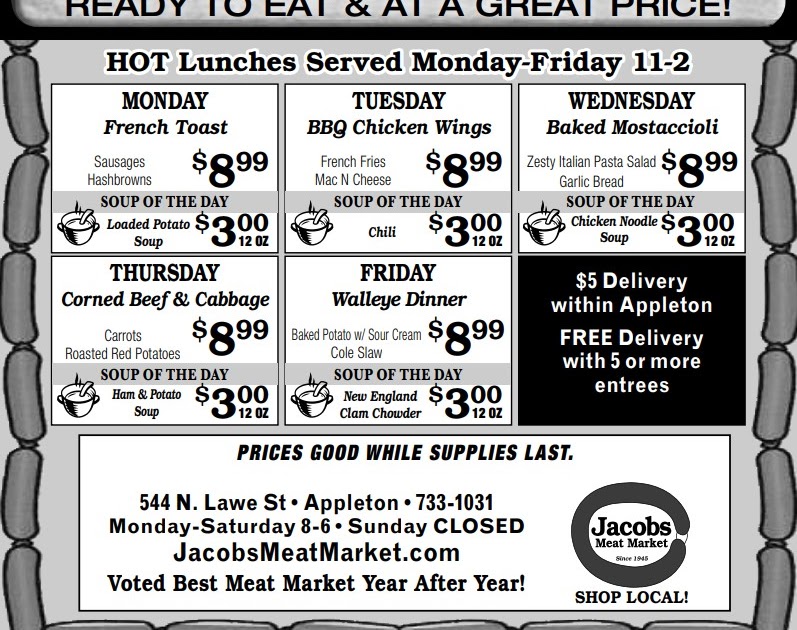 HOT Lunch Menu for 4/124/16/2021! Jacobs Meat Market